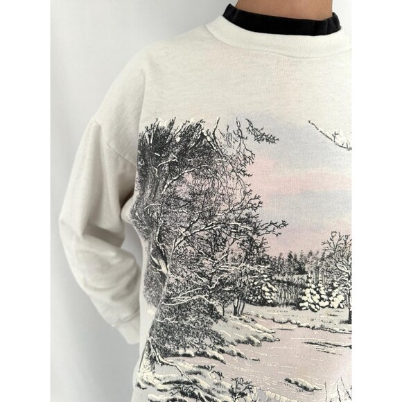 90s vintage white snowy winter holiday graphic collared cotton pullover sweater - Picture 8 of 10
